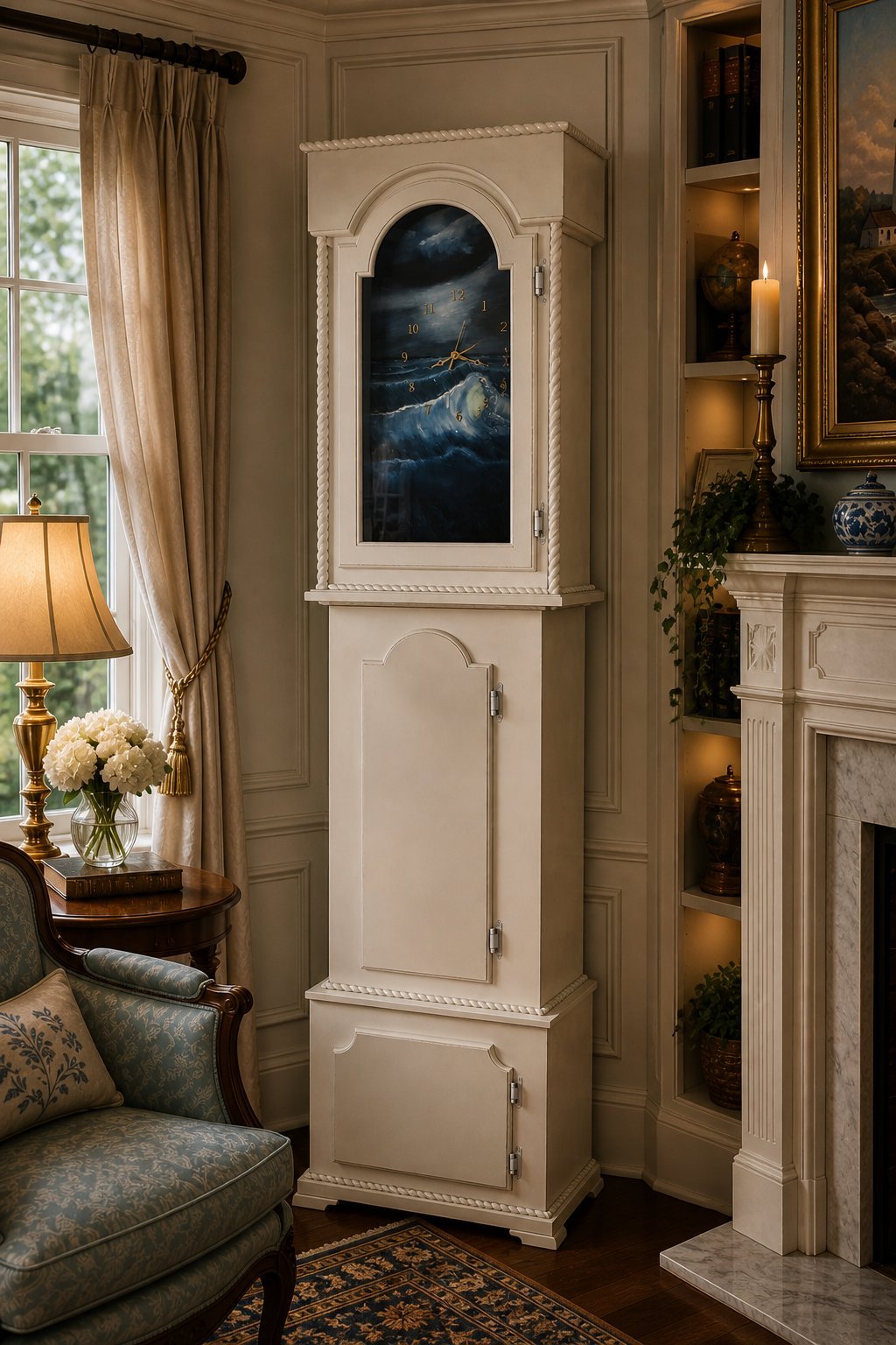 D'Suti Longcase Clock in an elegant living room